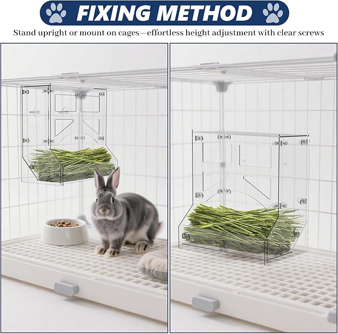 Acrylic Rabbit Hay Feeder with Lid, Transparent Hanging Food Dispenser Hay Feeder for Bunny Rabbits Guinea Pig Cage Chinchillas Hamsters Small Pets and Animals（Large-PurrikoPets