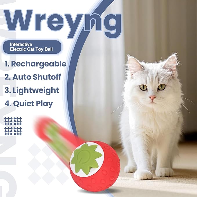 2Pcs Self-Moving Electric Cat Toy Ball with LED - Automatic Interactive Cat Toys for Indoor Cats, Smart Strawberry Design Stimulates Hunting Instincts, Boredom Relief & Exercise for Solo Play-PurrikoPets