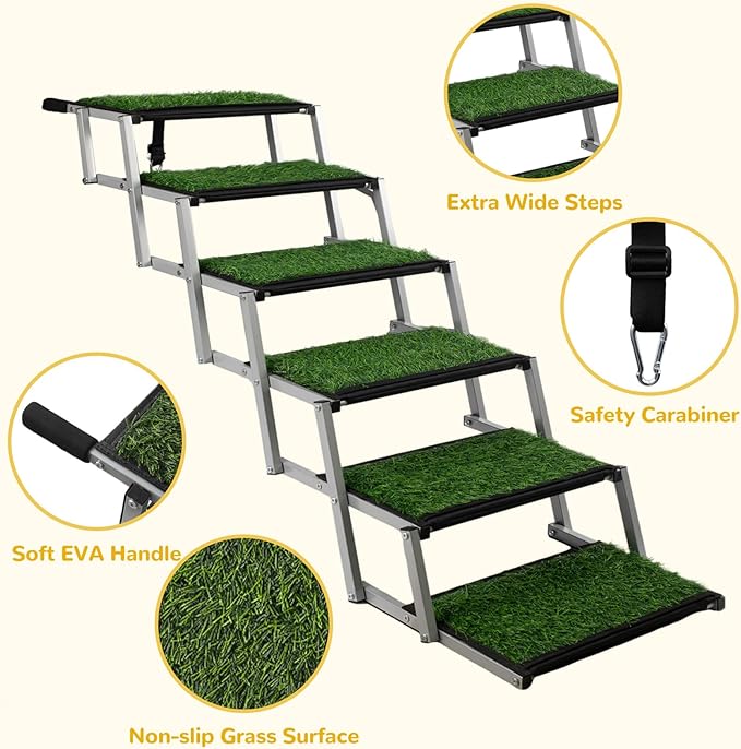 Extra Wide Dog Stairs for Car, Portable Folding Dog Ramps,Doggy Steps for Large Dogs with Non-Slip Grass Rug for Cars, SUV, Trucks, Lightweight Pet Ramp Supports Up to 200 lb, 6 Steps-PurrikoPets