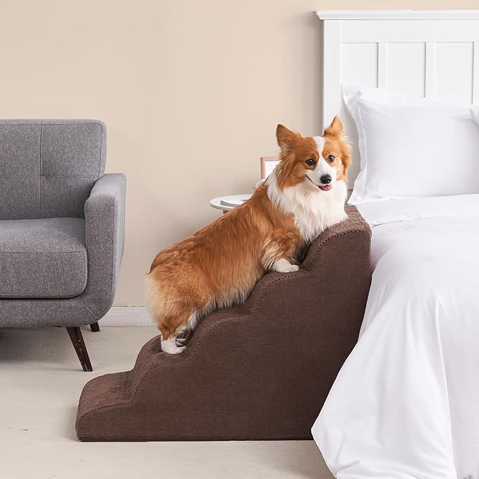 EHEYCIGA Curved Dog Stairs Ramp for High Beds, 5-Step Extra Wide Dog Steps for Small Dogs and Cats, Pet Stairs for High Bed Climbing, Non-Slip Balanced Pet Step Indoor, Brown-PurrikoPets
