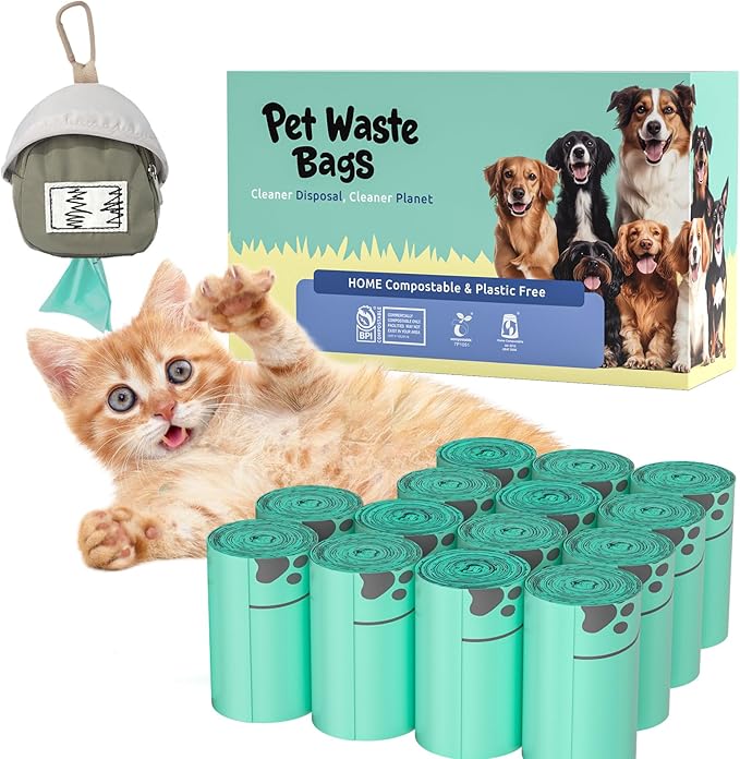 100% Compostable Dog Poop Bags, 270Count Value Pack, BPI Certified, Biodegradable Leakproof Thick Poop Bags for Dogs with Dispenser, Plant-Based, ASTM D6400 & EN 13432 Compliant Pet Waste Bag-PurrikoPets