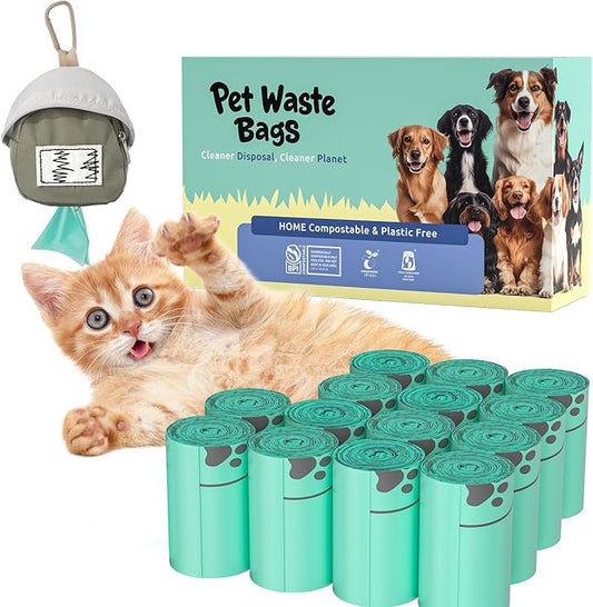 100% Compostable Dog Poop Bags, 270Count Value Pack, BPI Certified, Biodegradable Leakproof Thick Poop Bags for Dogs with Dispenser, Plant-Based, ASTM D6400 & EN 13432 Compliant Pet Waste Bag-PurrikoPets