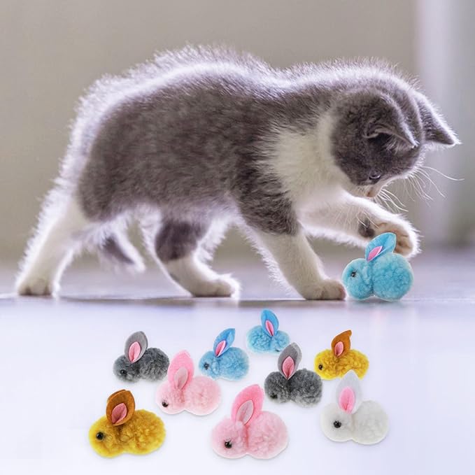10Pcs Plush Toy Balls, Cute Bunny Shape Kitten Pompom Soft 5.5cm/2.16in Puff Ball Indoor Fun Colorful Cat Ball Toy Pom Pom Balls for Pet-PurrikoPets