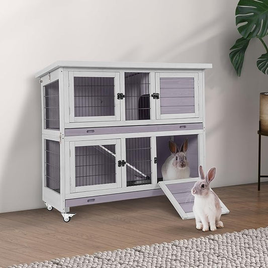 Aivituvin Rabbit Hutch Indoor, Folding Bunny Cage with Two Story, Rabbit Cage with Wheels, Anti Slip Ramp-PurrikoPets