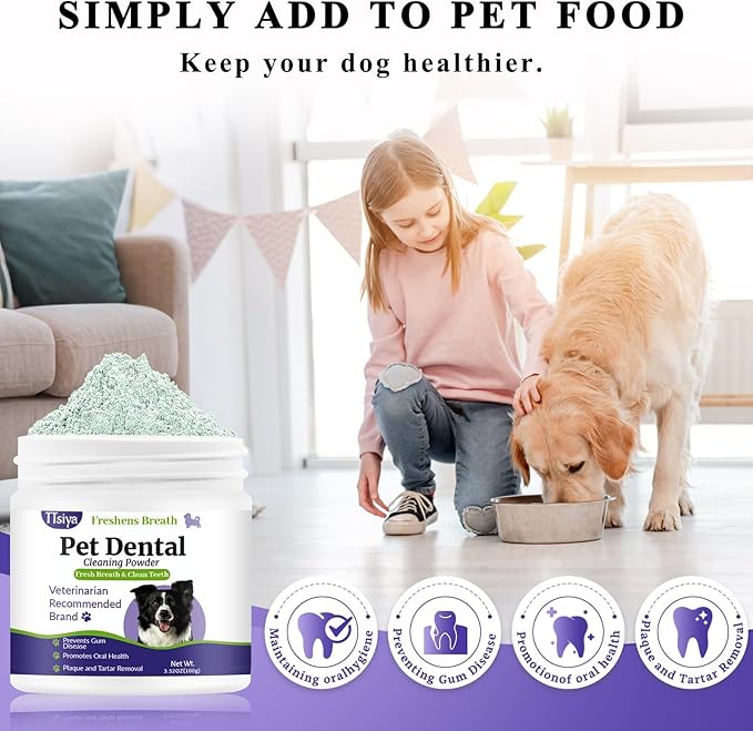 Dog Teeth Cleaning Powder, Pet Dental Powder -Dental Care, Dogs Breath Freshener with Probiotics for Tartar & Reduces Plaque & Bad Breath Teeth Cleaning for Small, Medium, Large Dogs 100g-PurrikoPets
