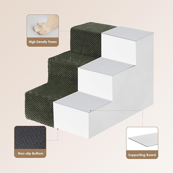 EHEYCIGA Dog Stairs for Small Dogs 13.5" H, 3-Step Dog Steps for Couch Sofa and Chair, Pet Steps for Medium Cats, Non-Slip Balanced Pet Ramp Indoor, Olive Green-PurrikoPets