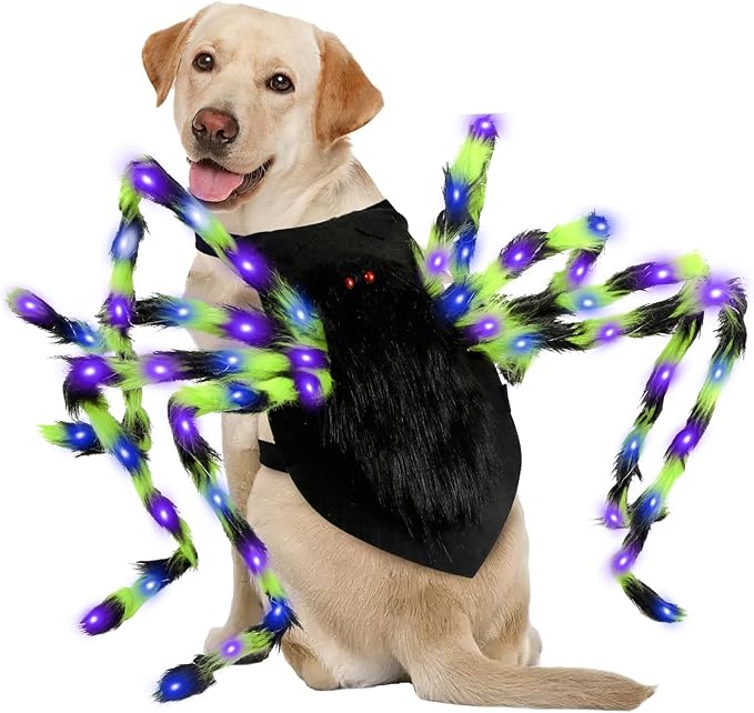 Dog Halloween Costume Large Breed, Furry Dog Spider Costume with 64 LED, Funny Halloween Dogs Costumes for Large Dogs Medium Pet Halloween Party Cosplay (Green)-PurrikoPets