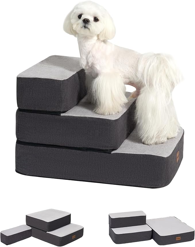 3-Step Adjustable Dog Stairs for Sofa and Couch, Dog Steps for Small Dogs and Cats, Foldable Pet Stairs for Low Bed Climbing, Non-Slip Pet Step Indoor, Grey-PurrikoPets
