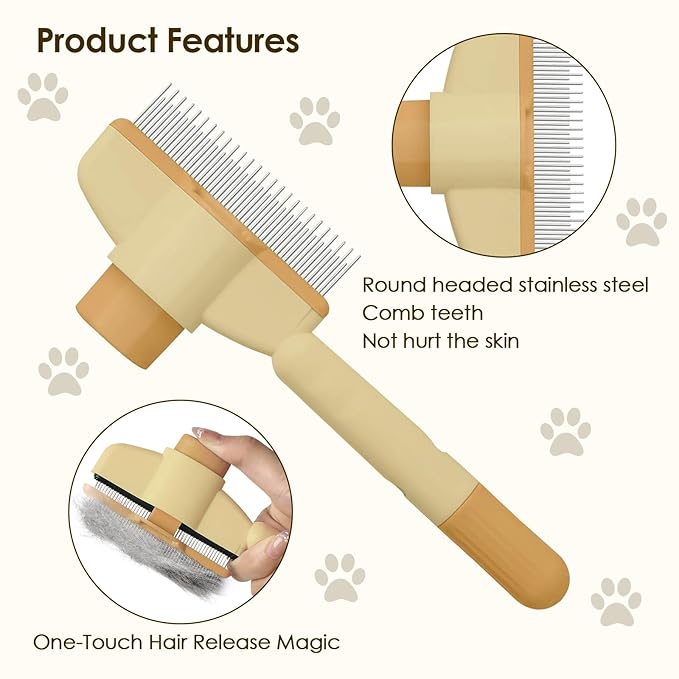 Flea Comb for Cat Hair Removal Comb, 2025 New Self-Cleaning Flea Brush for Cats and Dog, Comfort Cat Hair Removal Tool with Long & Short Stainless Steel Metal Grooming Brush(Yellow)-PurrikoPets