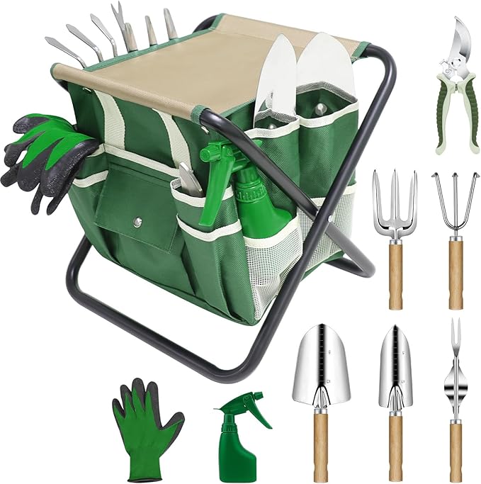 Garden Tool Set, 10 Piece Kit with Heavy Duty Folding Stool, Detachable Storage Tote Bag, Stainless Steel Tools, Gifts for Women Men Green-PurrikoPets