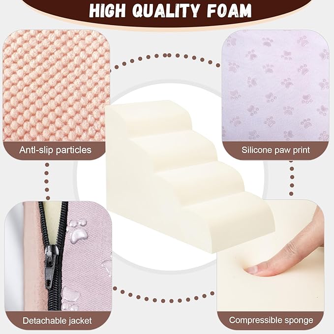 Dog Stairs for Small Dogs - High Density Foam Pet Steps, Extra Wide Dog Ramp with Non-Slip Bottom for High Beds, Couch and Sofa, Best for Dogs Injured, Older Doggy Cats,4 Stpes, Pink-PurrikoPets