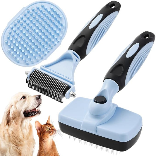 3PCS Cat & Dog Brush Set: Slicker & Deshedding Brush, Dematting Comb, and Bath Brush – Premium Grooming Tools for Shedding & Tangle-Free Fur (blue)-PurrikoPets