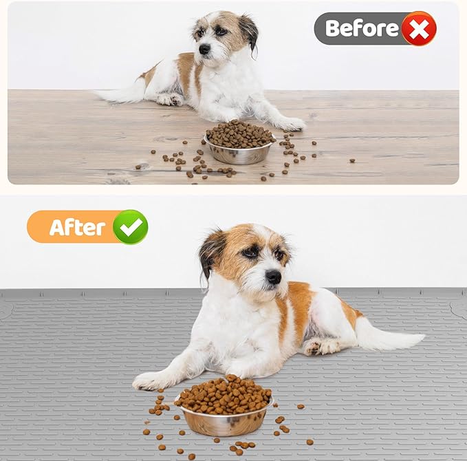 Dog Food Mat, Extra Large 50" x 35" Silicone Pet Feeding Mat with Raised Edge Pet Placemat for Small, Medium, and Large Pets Non-Slip, Easy to Clean (Grey)-PurrikoPets