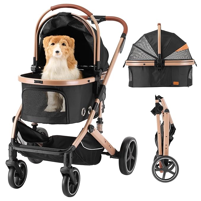 EchoSmile 4 in 1 Pet Stroller, Folding Lightweight Cat & Dog Stroller with Detachable Carrier, NO-Zip 180° Reversible Canopy, All Terrain 4-Wheel,45 lbs Capacity for Small to Medium Dogs-PurrikoPets