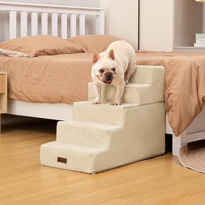 Dog Stairs for High Bed 22.6" H,5-Step Dog Steps for Small Dogs and Cats,Indoor Non-Slip Balanced Pet Stairs are Suitable for Puppy,Older Cat,Beige-PurrikoPets
