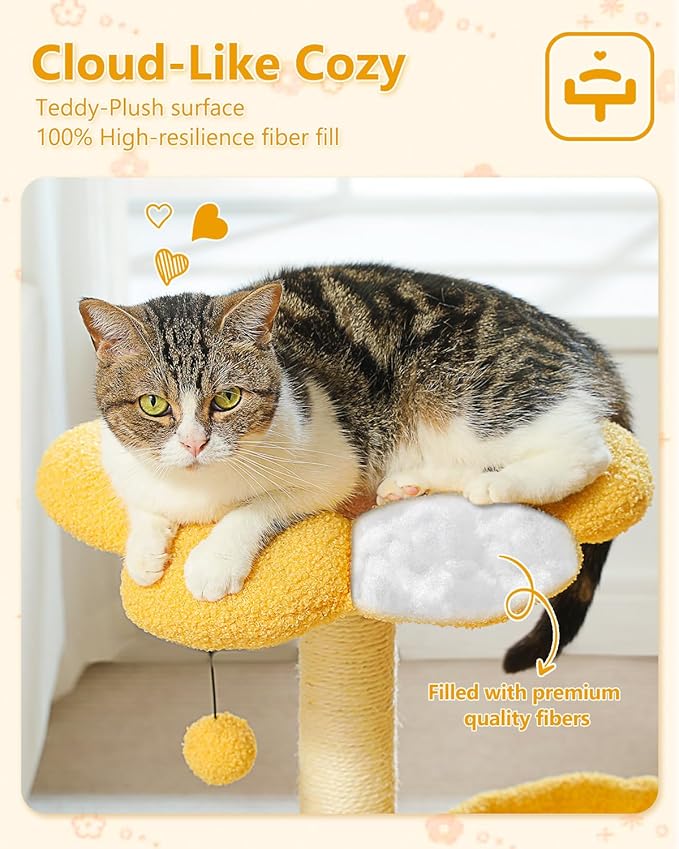 28" Flower Cat Tree Cute with Flower Top Perch, Large Hammock for Indoor Small Cats, Small Cat Tower with Cute Scratching Post and Fur Toy Ball for Kittens, Yellow-PurrikoPets