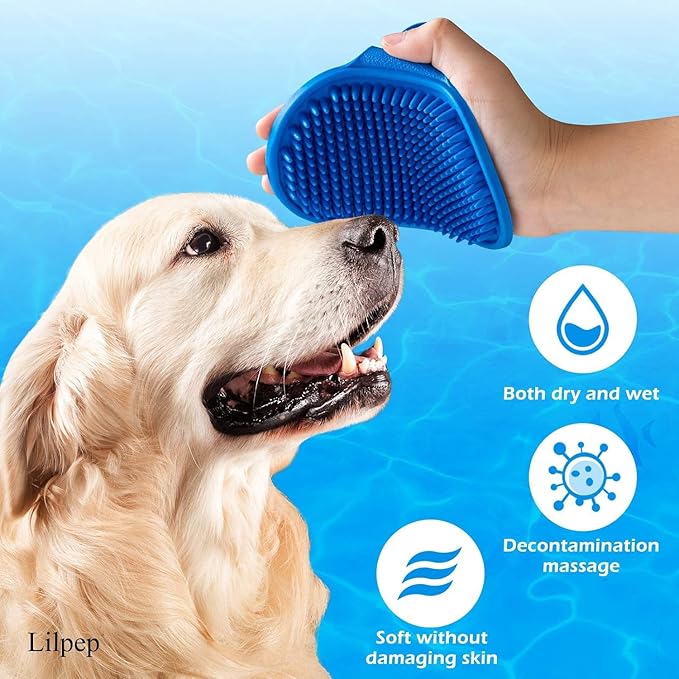 Dog Grooming Brush, Lilpep Pet Shampoo Bath Brush Soothing Massage Rubber Comb with Adjustable Ring Handle for Long Short Haired Dogs and Cats (Blue+Yellow, pack of 2)-PurrikoPets