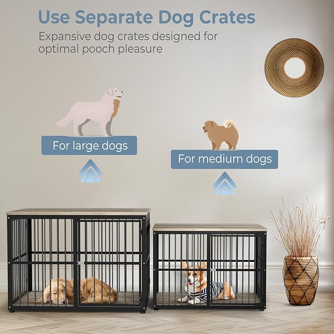 43'' Dog Crate Furniture with 3 Doors, XL Wooden Crate End Table, Heavy Duty Indoor Puppy Cage Kennel for Medium to Large Dogs, Multiple Units Can be Combined-PurrikoPets