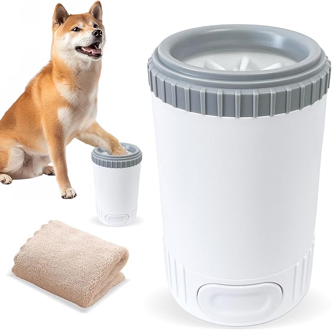 Dog Paw Cleaner with Absorbent Towel, Dog Paw Washer, Muddy Paw Cleaner, Dog Foot Cleaner, Plunger Style Dog Paw Washer, Paw Cleaner for Dogs, Suitable for Small Breed & Medium Breed Dogs-PurrikoPets