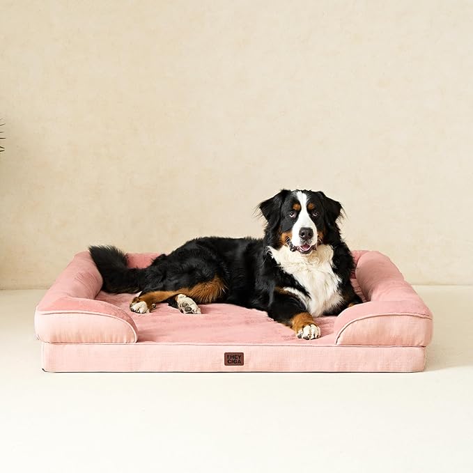 EHEYCIGA Orthopedic Dog Beds for Extra Large Dogs, Waterproof Memory Foam XXL Dog Bed with Sides, Non-Slip Bottom and Egg-Crate Foam Big Pet Couch Bed with Washable Removable Cover, Dusty Pink-PurrikoPets