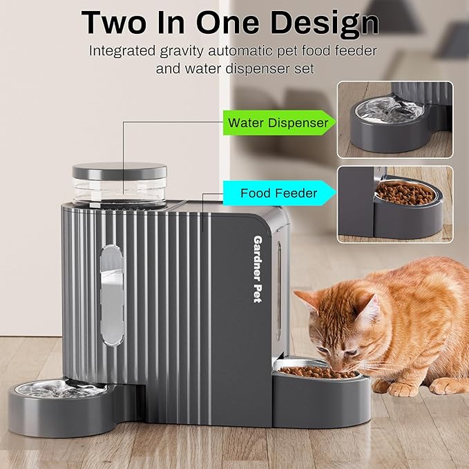 Gardner Pet Automatic Gravity Cat Food Feeder and Water Dispenser Stainless Steel Two-in-One Set Large Capacity Dispenser for Medium, Large Dogs, Puppies, Kittens, Rabbits-(1.6 Gallons x 2)-PurrikoPets