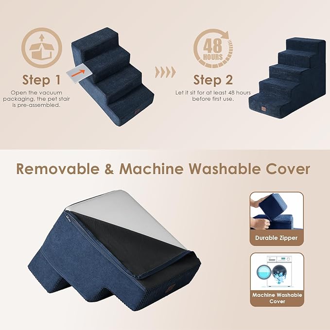 EHEYCIGA Dog Stairs for High Bed 22.5" H, 5-Step Dog Steps for Bed, Pet Steps for Small Dogs and Cats, Non-Slip Balanced Pet Ramp Indoor, Navy Blue-PurrikoPets