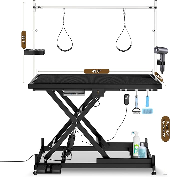 Electric Pet Grooming Table for Large Dogs - Professional Heavy Duty Height Adjustable Pet Grooming Station with Anti Slip Tabletop, Two Nooses & Tool Organizer, Maximum Capacity Up to 250 lbs Black-PurrikoPets