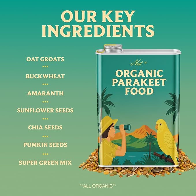 100% Organic Parakeet Food – Premium Bird Seed Mix with Oat Groats, Buckwheat, Amaranth, Super Veggies & Seeds – Reusable Tin + Stainless-Steel Scooper – Made in USA, Human Grade Ingredients (2lb)-PurrikoPets
