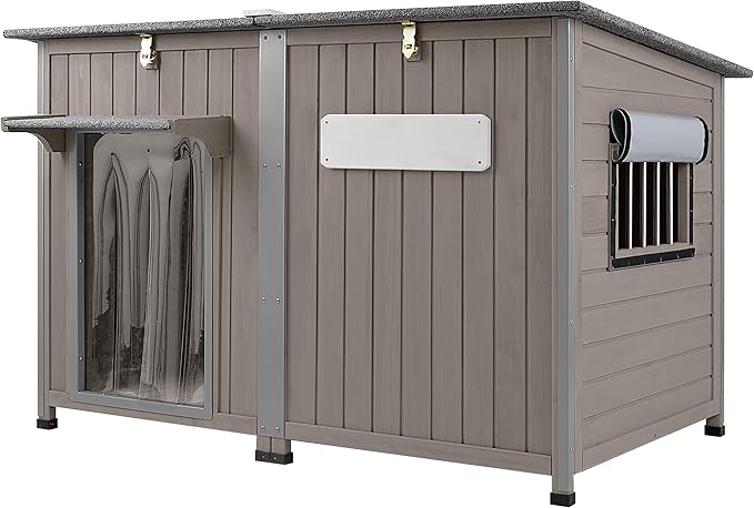 55" Extra Large Outdoor Dog House Weatherproof Wooden Doghouse Indoor for Large Breed Dogs with Anti Bite Frames with Window,10 Elevated Feet, Reinforced Bottom for Pet Up to 220LBS-PurrikoPets