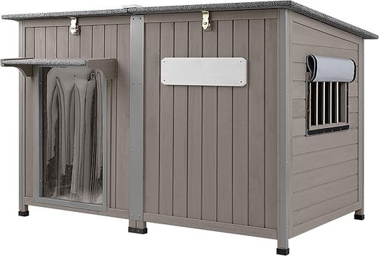 55" Extra Large Outdoor Dog House Weatherproof Wooden Doghouse Indoor for Large Breed Dogs with Anti Bite Frames with Window,10 Elevated Feet, Reinforced Bottom for Pet Up to 220LBS-PurrikoPets