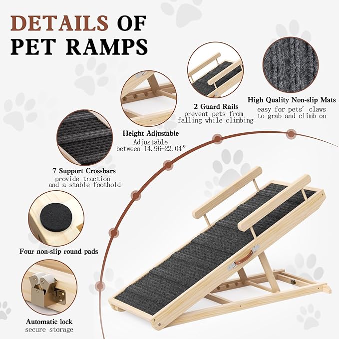 Dog Ramp for Bed, Couch, Car, Folding Pet Ramps 44.48" Long Adjustable 15"-22" Wooden Stairs with High Traction Mat & Safety Side Rails for Small & Medium Old Dogs & Cats, up to 200 lbs-PurrikoPets