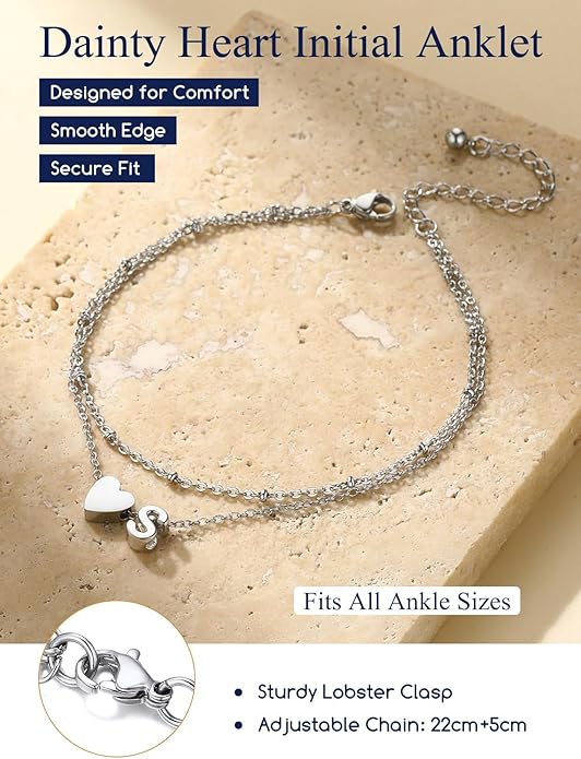 Suplight Stainless Steel Initial Ankle Bracelets for Women Layered Dainty Heart Anklet Beaded Anklets for Women Waterproof Plus Size Ankle Foot Chain Summer Essentials Jewelry(with Gift Box)