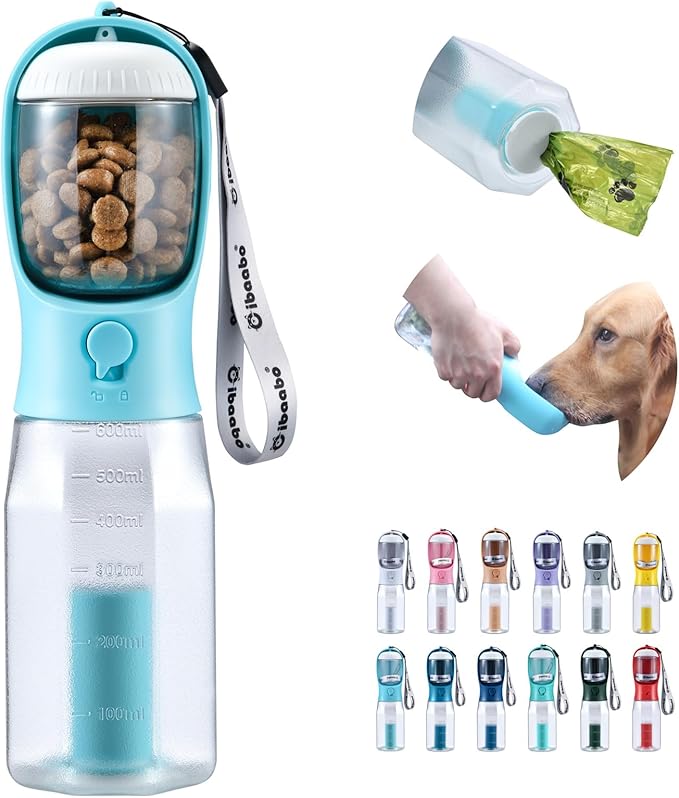 Dog Water Bottle with Food Container & Poop Bag Holder, Travel Water Bowl, Portable Pet Dispenser, Dog Stuff Accessories Items, Puppy Essentials Necessities for Yorkie Chihuahua Walking Hiking-PurrikoPets