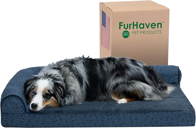 Furhaven Cooling Gel Dog Bed for Large/Medium Dogs w/ Removable Bolsters & Washable Cover, For Dogs Up to 55 lbs - Plush & Almond Print L Shaped Chaise - Blue Almonds, Large-PurrikoPets