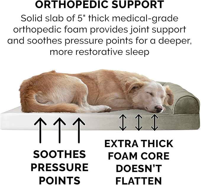Furhaven Orthopedic Dog Bed for Large Dogs w/ Removable Bolsters & Washable Cover, For Dogs Up to 125 lbs - Faux Fur & Velvet Sofa - Dark Sage, Jumbo Plus/XXL-PurrikoPets