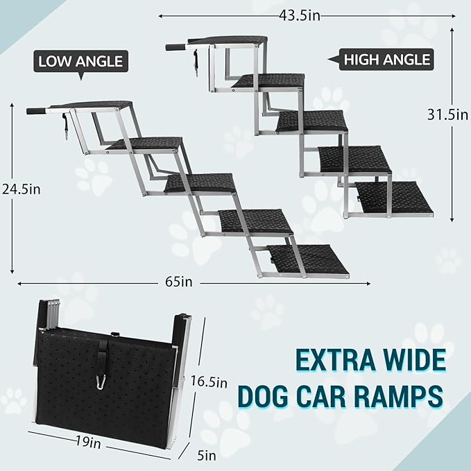 Extra Wide Dog Stairs for Large Dogs,Portable Folding Pet Stairs for Cars,SUV,Trucks,Dog Steps with Non-Slip Surface,Supports Up to 250 lb,5 Steps-PurrikoPets