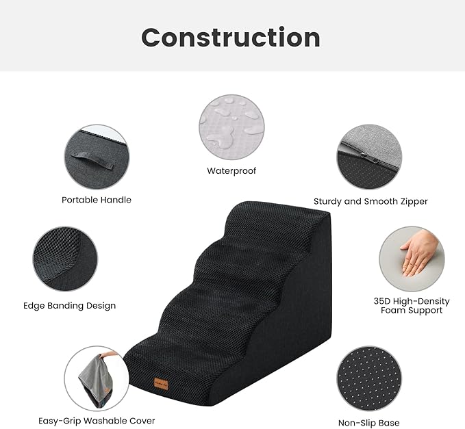 Gardner Pet Dog Stairs for Small Dogs 19.7" H, 4-Step Black Curved Pet Stairs, Dog Steps for High Bed (18-24 in), Couch with Durable Non-Slip Waterproof Fabric Cover and CertiPUR-US Certified Foam-PurrikoPets