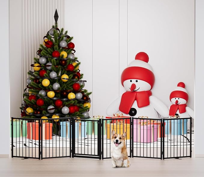 Full Metal Freestanding Dog Gate with Door, 24'' Height Foldable Pet Dog Fence for Indoor & Outdoor, 6 Panels Extra Wide Free Standing SmallDog Gates for Doorways,House,Stairs,Porch,Deck,Yard-PurrikoPets