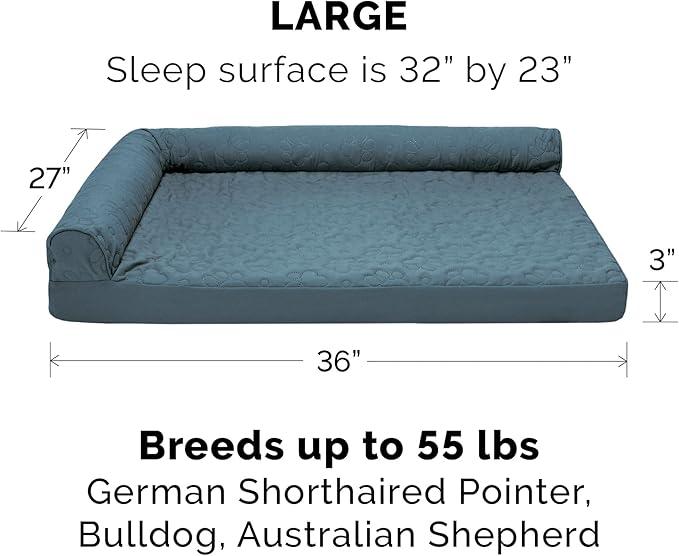 Furhaven Cooling Gel Dog Bed for Large/Medium Dogs w/ Removable Bolsters & Washable Cover, For Dogs Up to 55 lbs - Pinsonic Quilted Paw L Shaped Chaise - Bluestone, Large-PurrikoPets