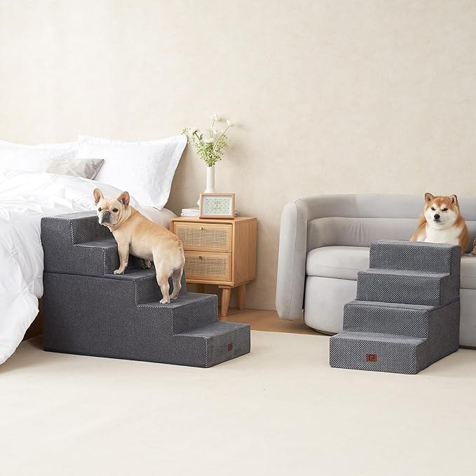 EHEYCIGA Dog Stairs for High Bed 25" H, 5-Step Extra Wide Dog Steps for Bed, Pet Steps for Small Dogs and Cats, Non-Slip Balanced Pet Ramp Indoor, Grey-PurrikoPets