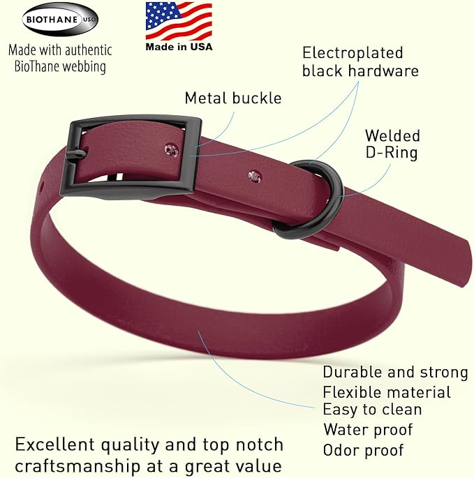 Dogline Biothane Waterproof Dog Collar Strong Coated Nylon Webbing with Black Hardware Odor- Proof for Easy Care Easy to Clean High Performance Fits Small Medium or Large Dogs, Merlot Burgundy-PurrikoPets
