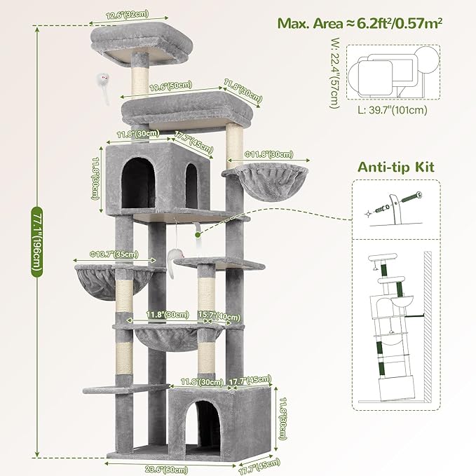 Globlazer Tall Cat Tower, 76 inch Multiple Level Cat Climbers for Indoor Cats, XL Cat Tree with 5 Scratching Posts, 2 Cat Condos, Hammock, 2 Hanging Baskets, F76B, Light Grey-PurrikoPets