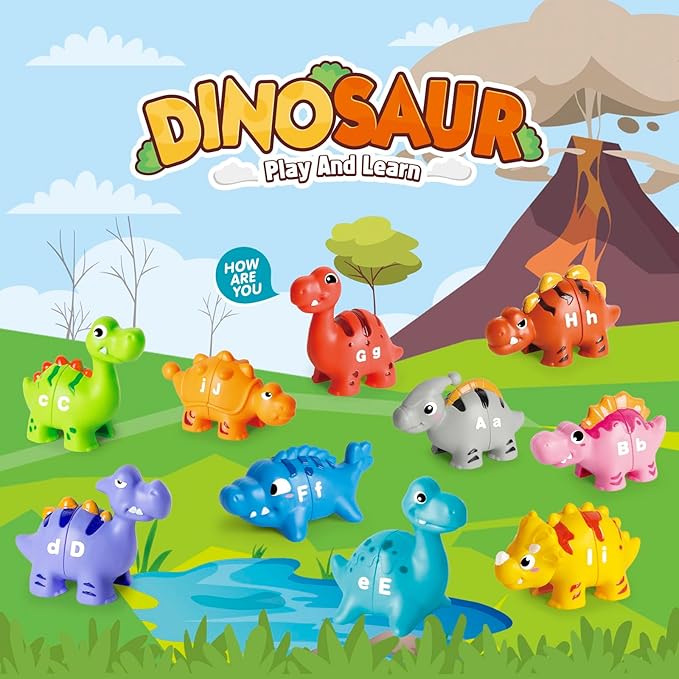 52 PCS Dinosaur Alphabet Learning Toys for Toddlers Kids 3-5, 10 Different Dinosaur Figures, Double Sided ABC Matching Game, Preschool Activities Montessori Fine Motor Toys for Toddlers Kids-PurrikoPets