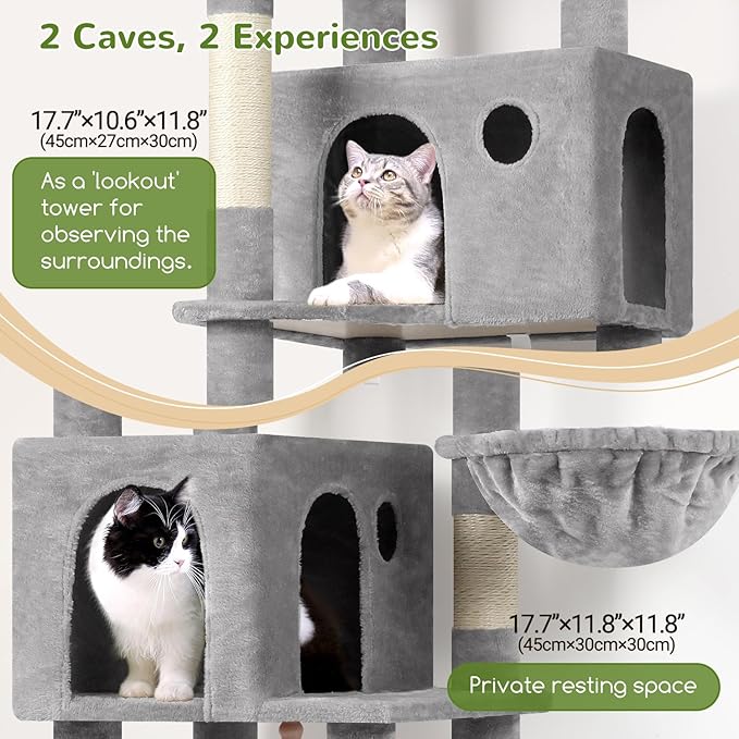 Globlazer Cat Tree, 70 inch Tall Scratching Tower Multi-Level Cat Condo for Indoor Multiple Cats with 2 Large Cat Caves, Top Perch, Large Platform, Bottom Swing, F70B, Light Grey-PurrikoPets