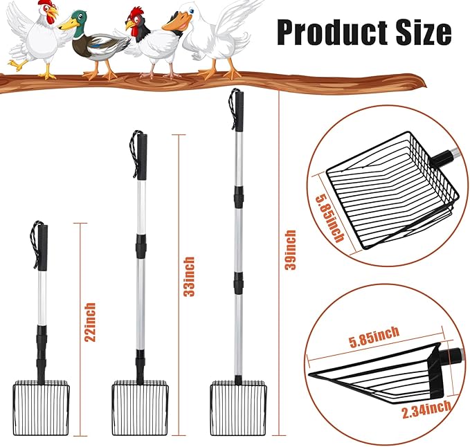 Esmorah Chicken Poop Scooper for Sand & Coop Cleaning - Sifting Shovel with 22"-40" Adjustable Handle, 3 Lengths Heavy Duty Stainless Steel Sifter-PurrikoPets