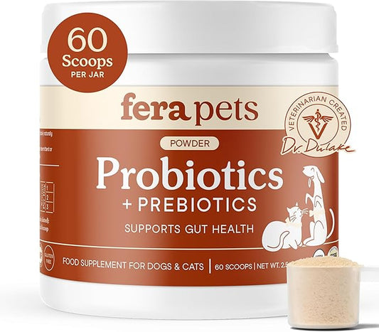 Fera Pets Probiotics for Dogs & Cats with Prebiotics - USDA Organic - Gut Health Powder Supplement with 12 Strains and 5 Billion CFUs - Supports Immunity, Energy and Skin & Coat - 60 Scoops-PurrikoPets