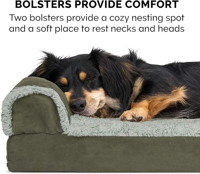 Furhaven Cooling Gel Dog Bed for Medium/Small Dogs w/ Removable Bolsters & Washable Cover, For Dogs Up to 35 lbs - Two-Tone Plush Faux Fur & Suede L Shaped Chaise - Dark Sage, Medium-PurrikoPets