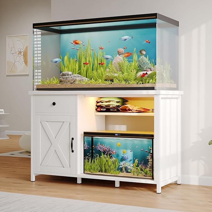 55 Gallon Fish Tank Stand with LED Light & Power Outlets, 55-75 Gallon Aquarium Stand with Drawer & Barn Door, 50" L x 20" W Cabinet for 2 Fish Tank Accessories Storage, Turtle Tank, Antique White-PurrikoPets