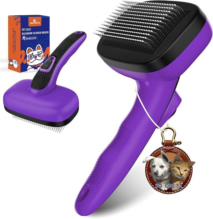 Dog Self Cleaning Slicker Brush for Shedding, Ideal for Short Long Haired Dogs, Including Cat. Removes Loose Fur, Undercoat, Mats, Tangled Hair. Suit for Large Medium Small Animal, Purple-PurrikoPets