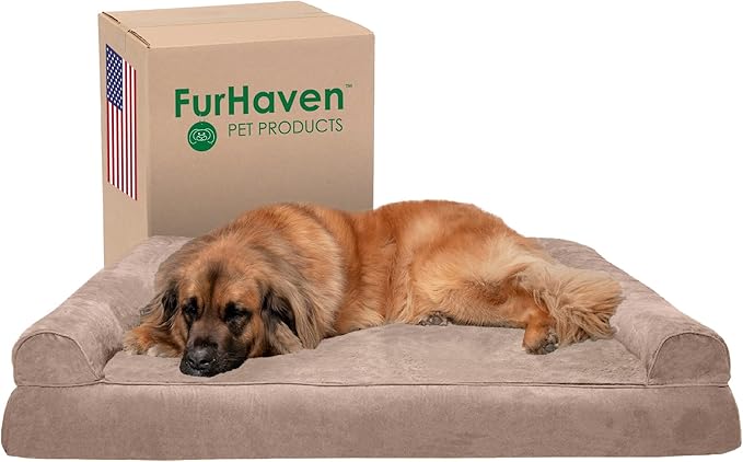 Furhaven Orthopedic Dog Bed for Large Dogs w/ Removable Bolsters & Washable Cover, For Dogs Up to 125 lbs - Plush & Suede Sofa - Almondine, Jumbo Plus/XXL-PurrikoPets